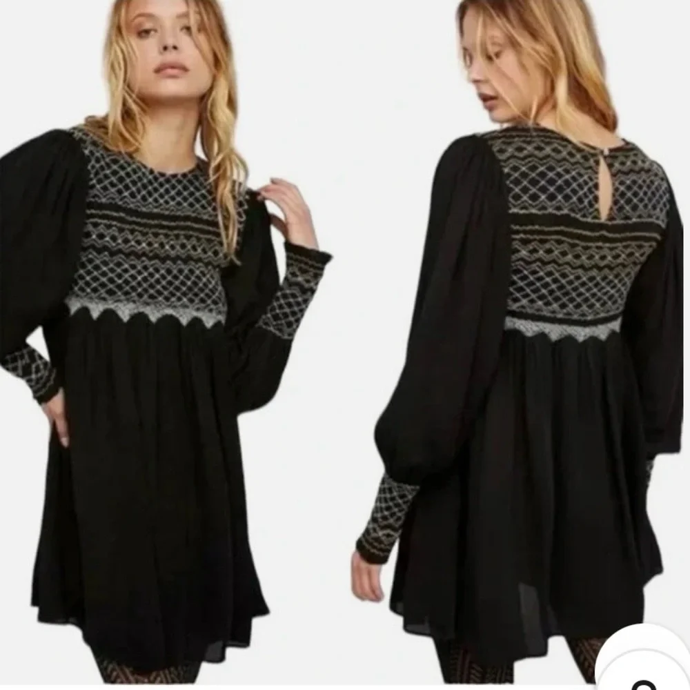 FREE PEOPLE Black Smocked & Embroidered Bohemian Mini Dress. NWOT, Size M - Picture 4 of 10
